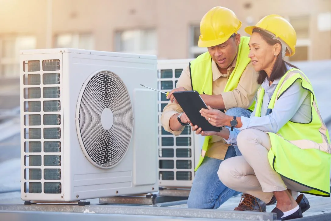 Two generic service models review a rooftop HVAC condenser with a tablet